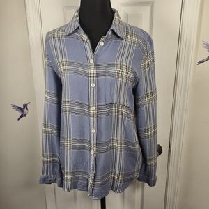 Bass Blue Plaid Button Down 100% Rayon Flannel Style Shirt Small